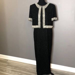 Laurence Kazar Vintage Formal Evening Gown Dress Black Beaded